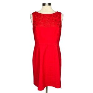 Tahari Womens Petite Red Sleeveless Sheath Dress Embroidered Neck size 10P